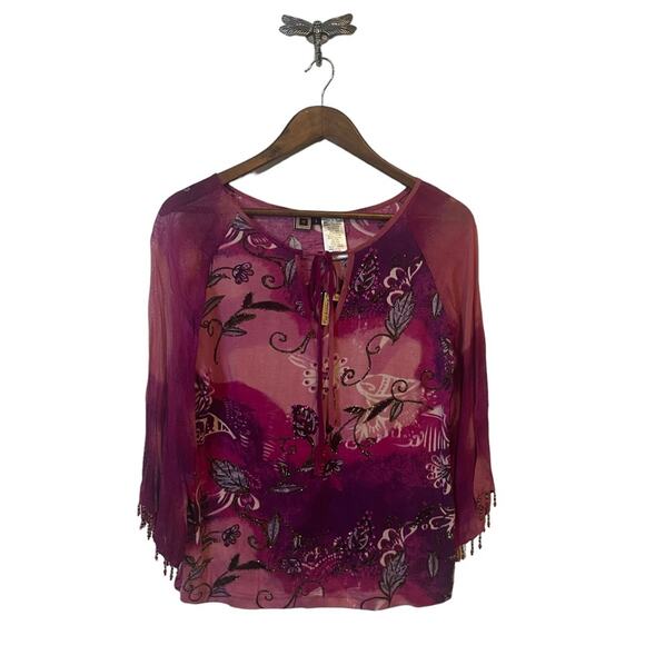 Vintage Tops - Y2K Vintage Forbidden Sheer Arms Beaded Top Women's Size Large NWT